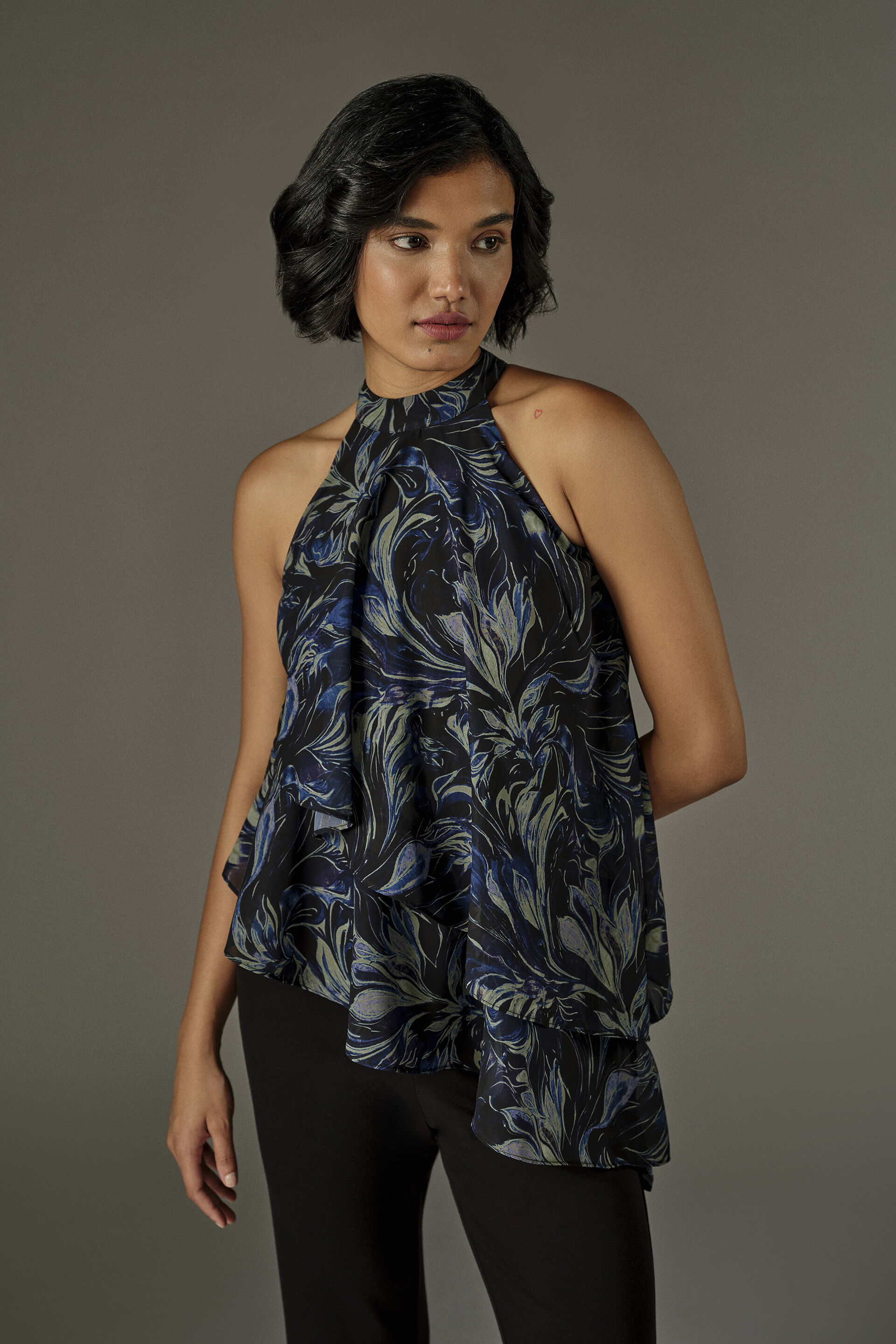 Asymmetric Abstract Print Halter Top in Blue
